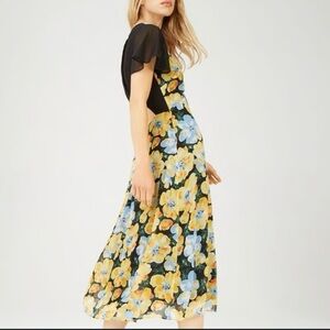 Club Monaco Black Midi Dress with Yellow and Blue Floral Pattern